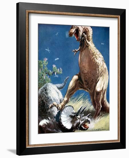 Triceratops, a Horned Dinosaur, Held Down by a Tyrannosaur, C1920-null-Framed Giclee Print