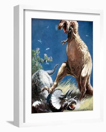 Triceratops, a Horned Dinosaur, Held Down by a Tyrannosaur, C1920-null-Framed Giclee Print