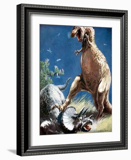 Triceratops, a Horned Dinosaur, Held Down by a Tyrannosaur, C1920-null-Framed Giclee Print