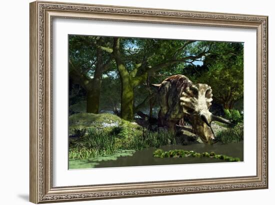 Triceratops Drinking At a Pond, Artwork-Roger Harris-Framed Photographic Print