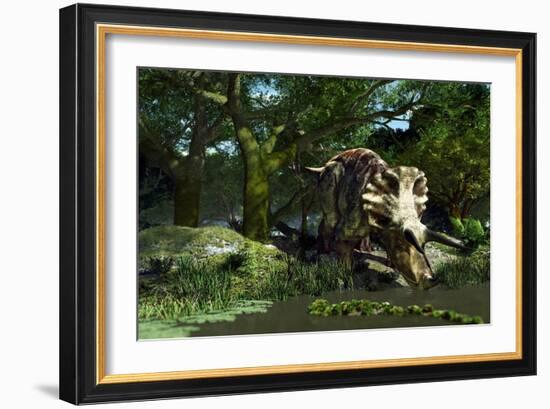 Triceratops Drinking At a Pond, Artwork-Roger Harris-Framed Photographic Print