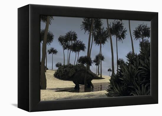 Triceratops Roaming in a Riverbed of a Prehistoric Environment-null-Framed Stretched Canvas