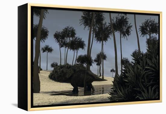 Triceratops Roaming in a Riverbed of a Prehistoric Environment-null-Framed Stretched Canvas