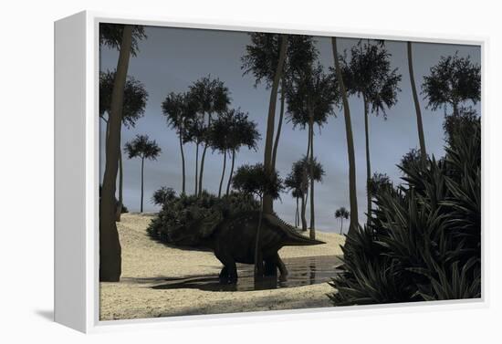 Triceratops Roaming in a Riverbed of a Prehistoric Environment-null-Framed Stretched Canvas