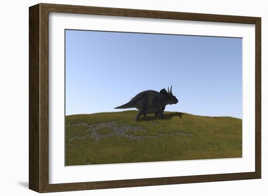 Triceratops Walking across a Grassy Field-null-Framed Art Print