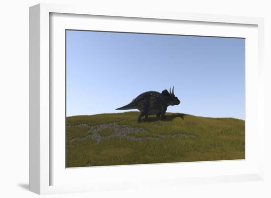 Triceratops Walking across a Grassy Field-null-Framed Art Print