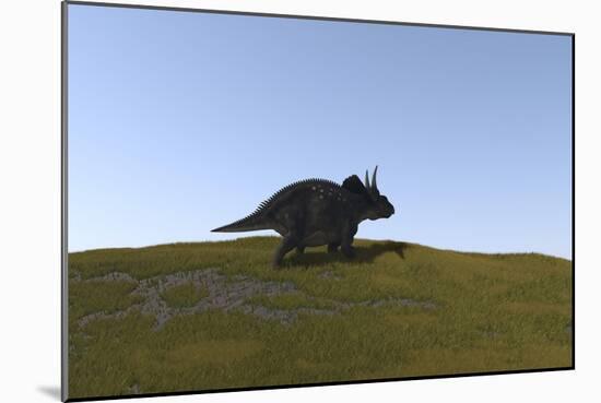 Triceratops Walking across a Grassy Field-null-Mounted Art Print