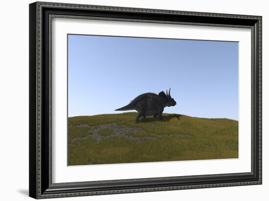 Triceratops Walking across a Grassy Field-null-Framed Art Print