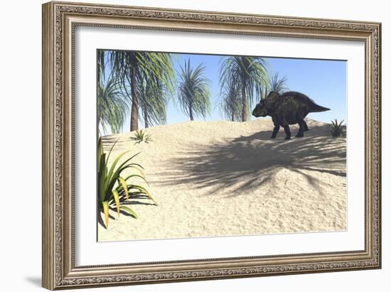 Triceratops Walking in a Tropical Environment-null-Framed Art Print