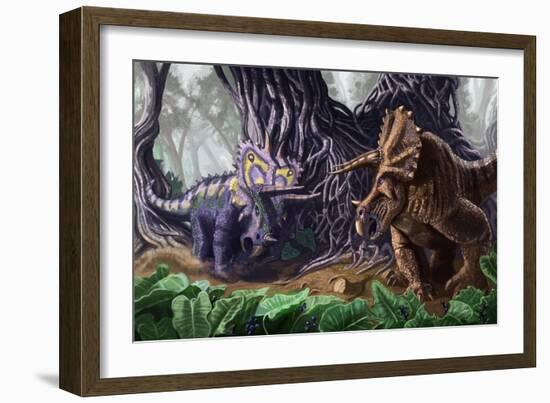 Tricerotops Charging Dinosaur-Lantern Press-Framed Art Print