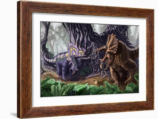 Tricerotops Charging Dinosaur-Lantern Press-Framed Art Print