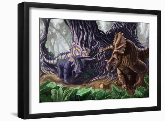 Tricerotops Charging Dinosaur-Lantern Press-Framed Art Print