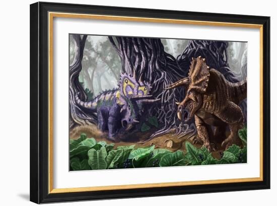 Tricerotops Charging Dinosaur-Lantern Press-Framed Art Print