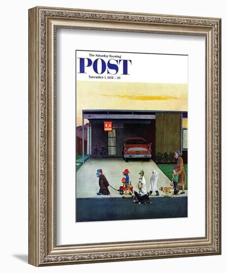 "Trick-Or-Treating in the Burbs" Saturday Evening Post Cover, November 1, 1958-John Falter-Framed Giclee Print