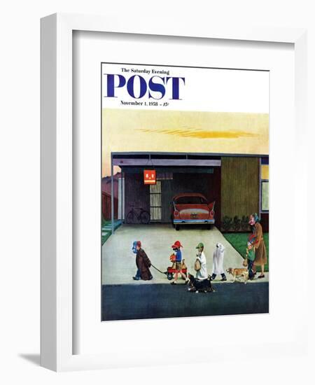 "Trick-Or-Treating in the Burbs" Saturday Evening Post Cover, November 1, 1958-John Falter-Framed Giclee Print