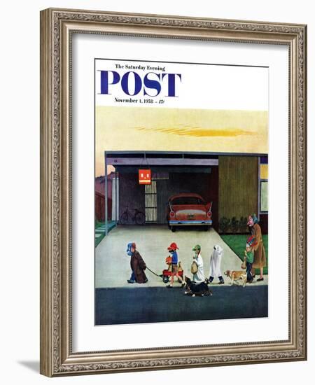 "Trick-Or-Treating in the Burbs" Saturday Evening Post Cover, November 1, 1958-John Falter-Framed Giclee Print
