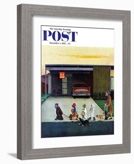 "Trick-Or-Treating in the Burbs" Saturday Evening Post Cover, November 1, 1958-John Falter-Framed Giclee Print