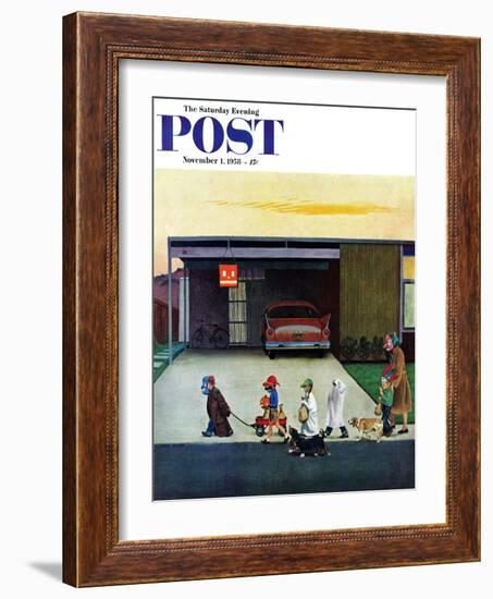 "Trick-Or-Treating in the Burbs" Saturday Evening Post Cover, November 1, 1958-John Falter-Framed Giclee Print