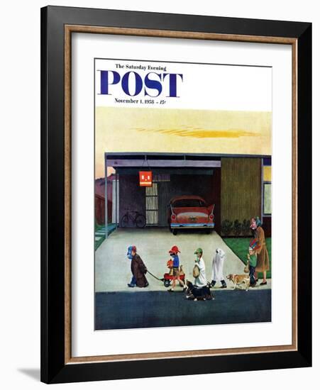 "Trick-Or-Treating in the Burbs" Saturday Evening Post Cover, November 1, 1958-John Falter-Framed Giclee Print