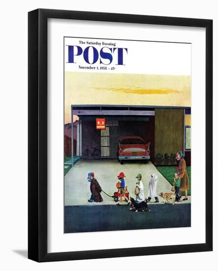 "Trick-Or-Treating in the Burbs" Saturday Evening Post Cover, November 1, 1958-John Falter-Framed Giclee Print