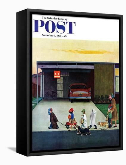 "Trick-Or-Treating in the Burbs" Saturday Evening Post Cover, November 1, 1958-John Falter-Framed Premier Image Canvas