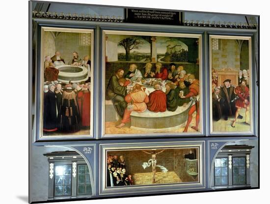 Triptych, Left Panel, Philipp Melanchthon Performs a Baptism Assisted by Martin Luther-Lucas Cranach the Elder-Mounted Giclee Print
