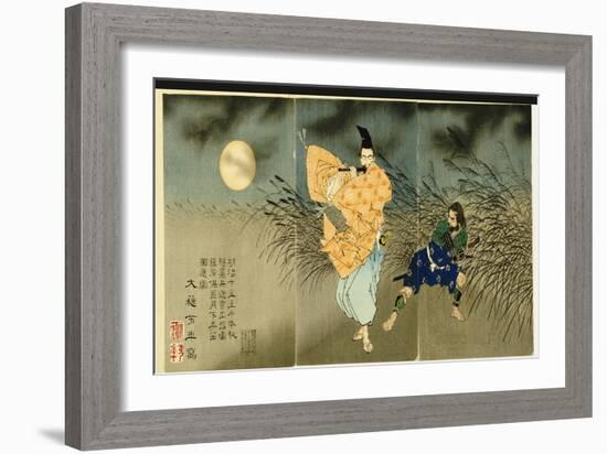 Triptych of 'Fujiwara No Yasumasa Playing the Flute by Moonlight', 1883-Tsukioka Kinzaburo Yoshitoshi-Framed Giclee Print