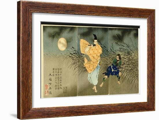 Triptych of 'Fujiwara No Yasumasa Playing the Flute by Moonlight', 1883-Tsukioka Kinzaburo Yoshitoshi-Framed Giclee Print