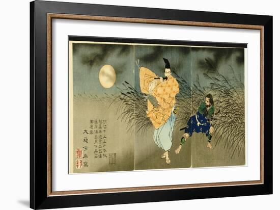 Triptych of 'Fujiwara No Yasumasa Playing the Flute by Moonlight', 1883-Tsukioka Kinzaburo Yoshitoshi-Framed Giclee Print