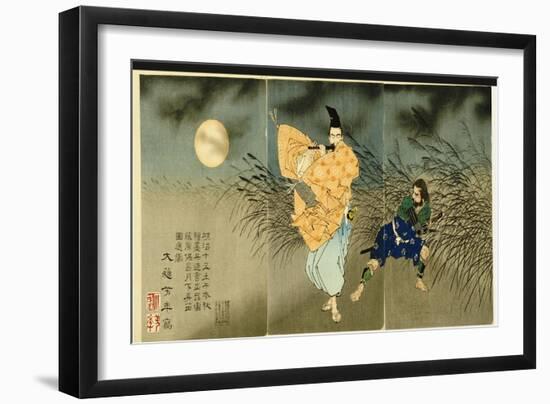 Triptych of 'Fujiwara No Yasumasa Playing the Flute by Moonlight', 1883-Tsukioka Kinzaburo Yoshitoshi-Framed Giclee Print