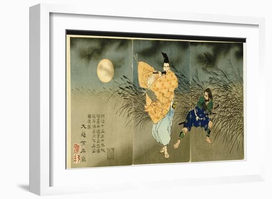 Triptych of 'Fujiwara No Yasumasa Playing the Flute by Moonlight', 1883-Tsukioka Kinzaburo Yoshitoshi-Framed Giclee Print