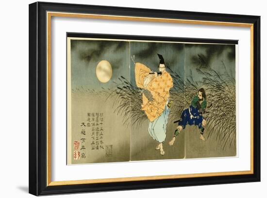 Triptych of 'Fujiwara No Yasumasa Playing the Flute by Moonlight', 1883-Tsukioka Kinzaburo Yoshitoshi-Framed Giclee Print