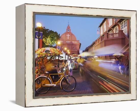 Trishaws Passing in Town Square, Melaka, Malaysia, Southeast Asia, Asia-Ian Trower-Framed Premier Image Canvas