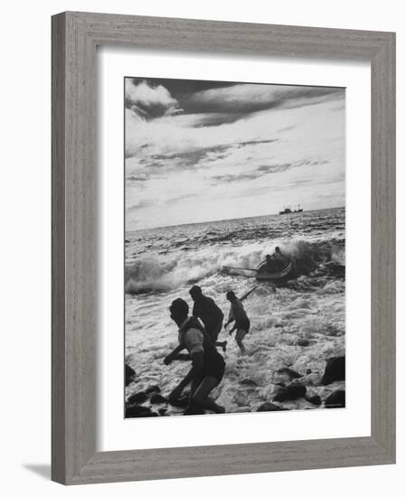 Tristan Da Cunha Islanders Attempting to Get Rowboat Beyond Fierce Surf-Carl Mydans-Framed Photographic Print