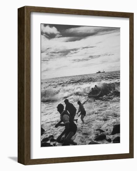 Tristan Da Cunha Islanders Attempting to Get Rowboat Beyond Fierce Surf-Carl Mydans-Framed Photographic Print