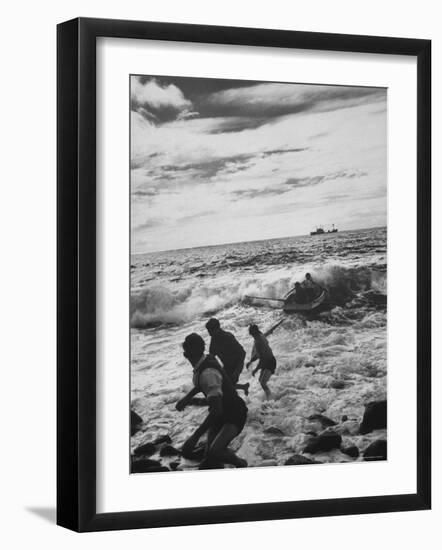 Tristan Da Cunha Islanders Attempting to Get Rowboat Beyond Fierce Surf-Carl Mydans-Framed Photographic Print