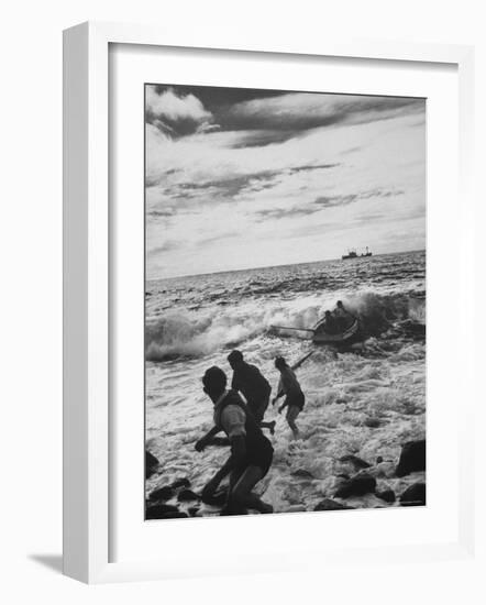 Tristan Da Cunha Islanders Attempting to Get Rowboat Beyond Fierce Surf-Carl Mydans-Framed Photographic Print