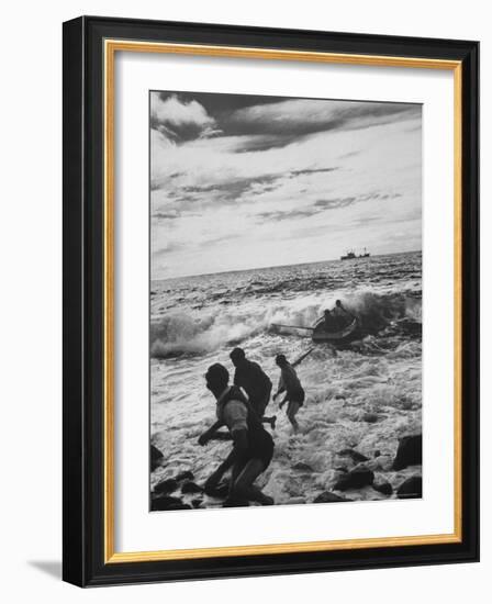 Tristan Da Cunha Islanders Attempting to Get Rowboat Beyond Fierce Surf-Carl Mydans-Framed Photographic Print