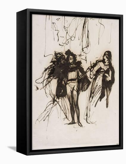 Trois personnages en costume renaissance; projet pour le "Faust" de Goethe :Méphisto, Faust et-Eugene Delacroix-Framed Premier Image Canvas