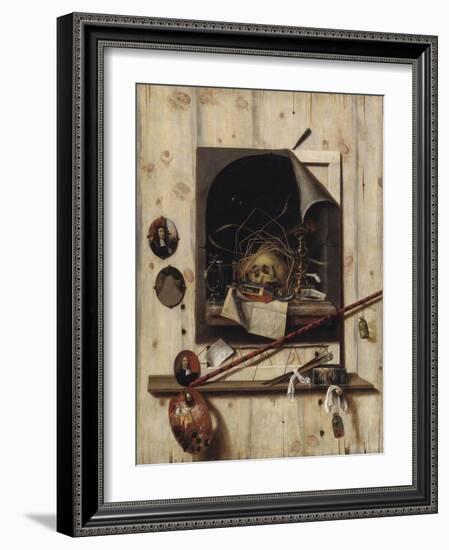 Trompe L'Oeil with Studio Wall and Vanitas Still Life, 1668-Cornelis Norbertus Gysbrechts-Framed Giclee Print