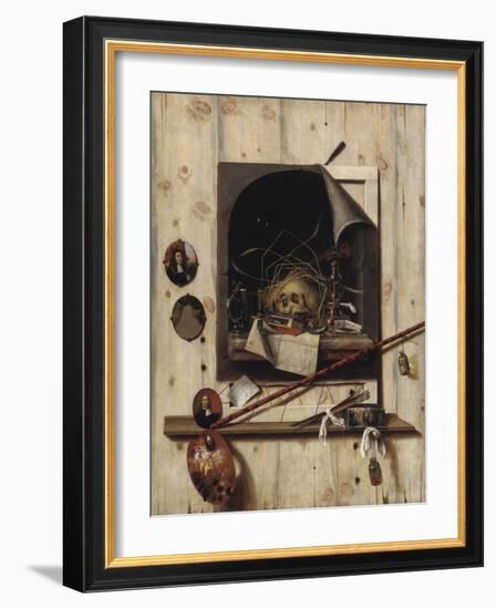 Trompe L'Oeil with Studio Wall and Vanitas Still Life, 1668-Cornelis Norbertus Gysbrechts-Framed Giclee Print