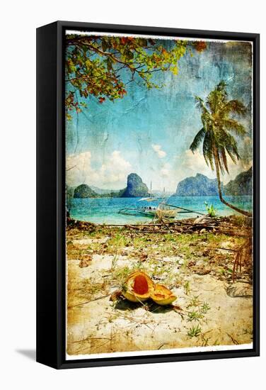 Tropical Beach - Artwork In Painting Style-Maugli-l-Framed Stretched Canvas