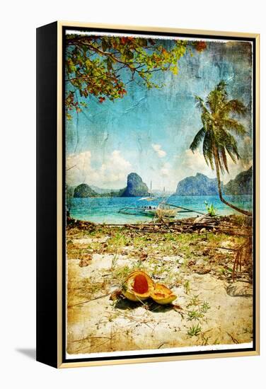 Tropical Beach - Artwork In Painting Style-Maugli-l-Framed Stretched Canvas