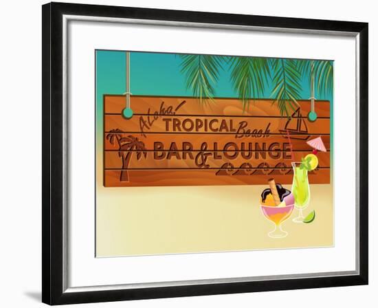 Tropical Beach Bar Wood Board Signpost, With Sandy Beach And Palm Tree Leaves In The Background-LanaN.-Framed Art Print