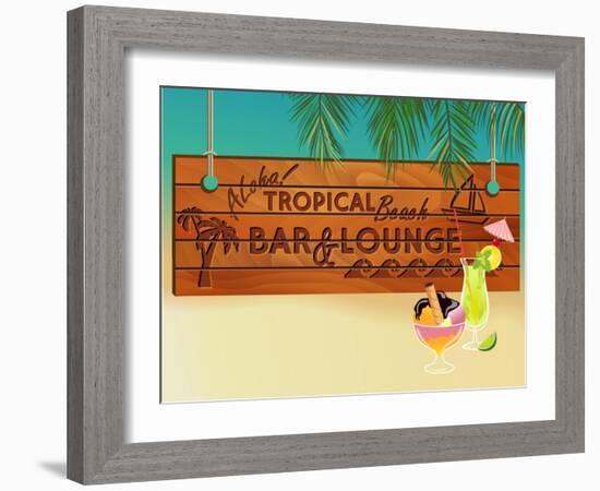 Tropical Beach Bar Wood Board Signpost, With Sandy Beach And Palm Tree Leaves In The Background-LanaN.-Framed Art Print