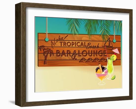 Tropical Beach Bar Wood Board Signpost, With Sandy Beach And Palm Tree Leaves In The Background-LanaN.-Framed Art Print