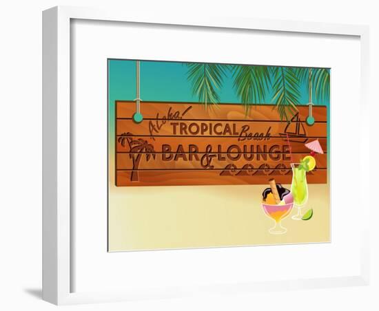 Tropical Beach Bar Wood Board Signpost, With Sandy Beach And Palm Tree Leaves In The Background-LanaN.-Framed Art Print