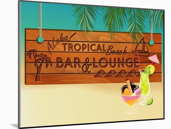 Tropical Beach Bar Wood Board Signpost, With Sandy Beach And Palm Tree Leaves In The Background-LanaN.-Mounted Art Print