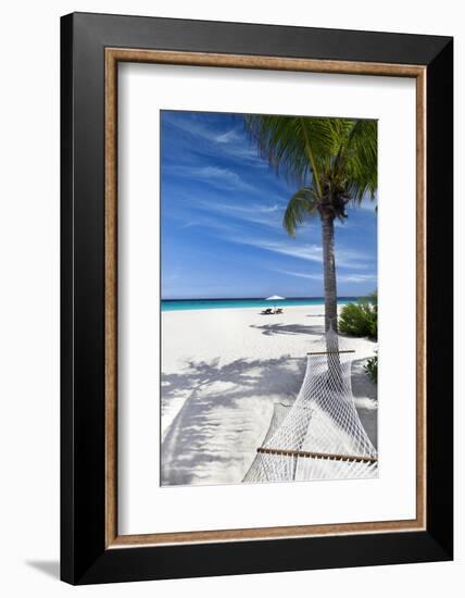 Tropical beach, landscape with hammock and white sand, The Maldives, Indian Ocean, Asia-Sakis Papadopoulos-Framed Photographic Print