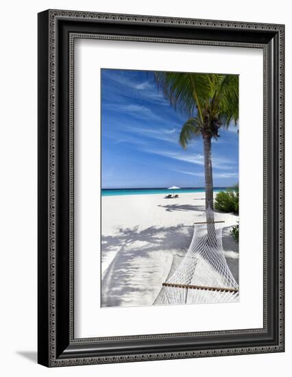 Tropical beach, landscape with hammock and white sand, The Maldives, Indian Ocean, Asia-Sakis Papadopoulos-Framed Photographic Print